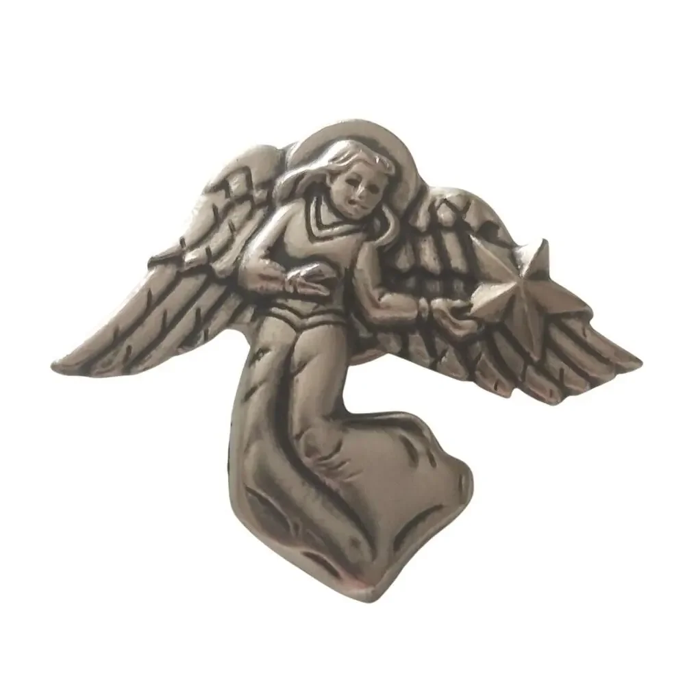 Vintage Silver Tone Guardian Angel Holding Star Religious Celestial Lapel Pin